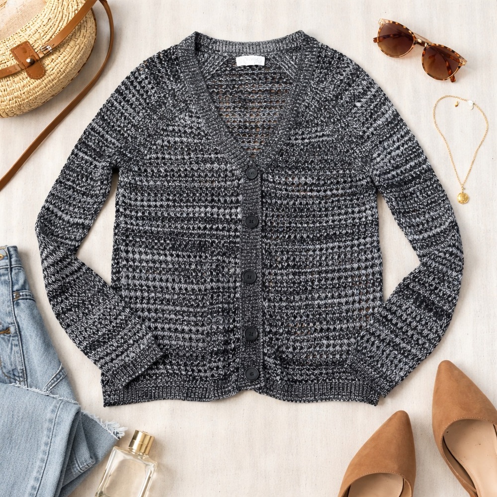 Lucca Couture Open Knit Cardigan Black White Marled Size S — Y2K